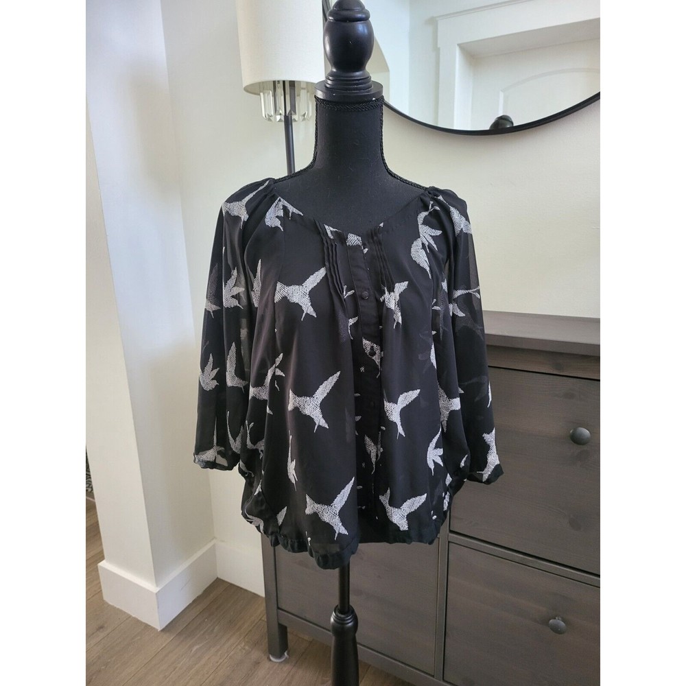 Black Sheer Blouse with Dolman Sleeve with White RAINN BIRD PRINT S-L/XL